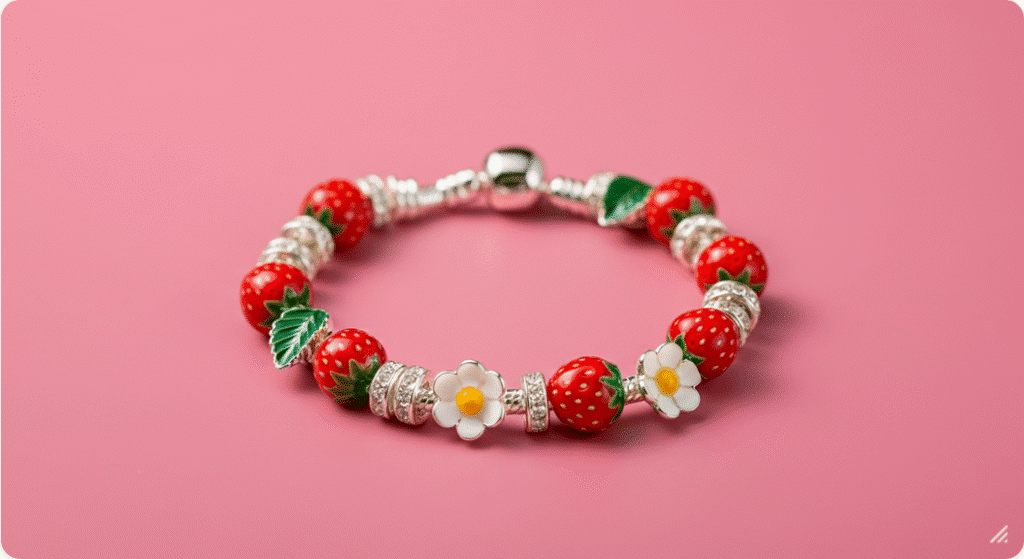 Pink Strawberry Charm Bracelet Photograph of a charming silver-toned bracelet adorned with vibrant red strawberry and delicate white flower charms, set against a cheerful pink background.