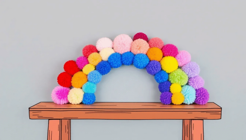 Pom-Pom Rainbow Craft A vibrant pom-pom rainbow craft displayed on a table.