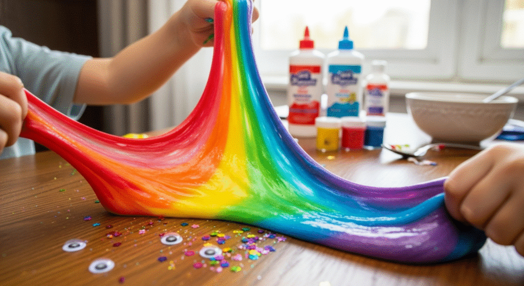 Rainbow Slime Two children pulling rainbow slime.