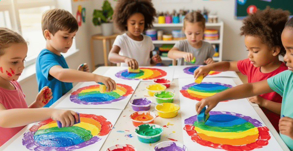 Rainbow Sponge Painting Children engaging in a rainbow sponge painting activity.