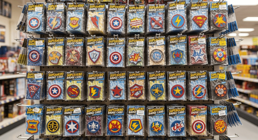Ready Made Superhero Badge Card A selection of ready-made Superhero Badge Cards available for purchase, displayed in a store setting.