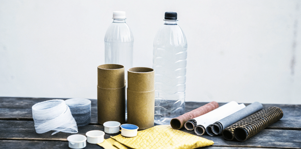 Recycled Material Crafts A variety of recycled materials used for crafting, perfect for kids' creative projects.