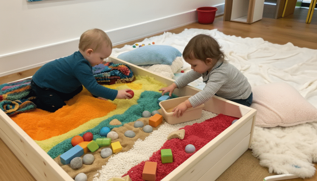 Sensory Play A sensory play setup with various textures and materials for toddlers.