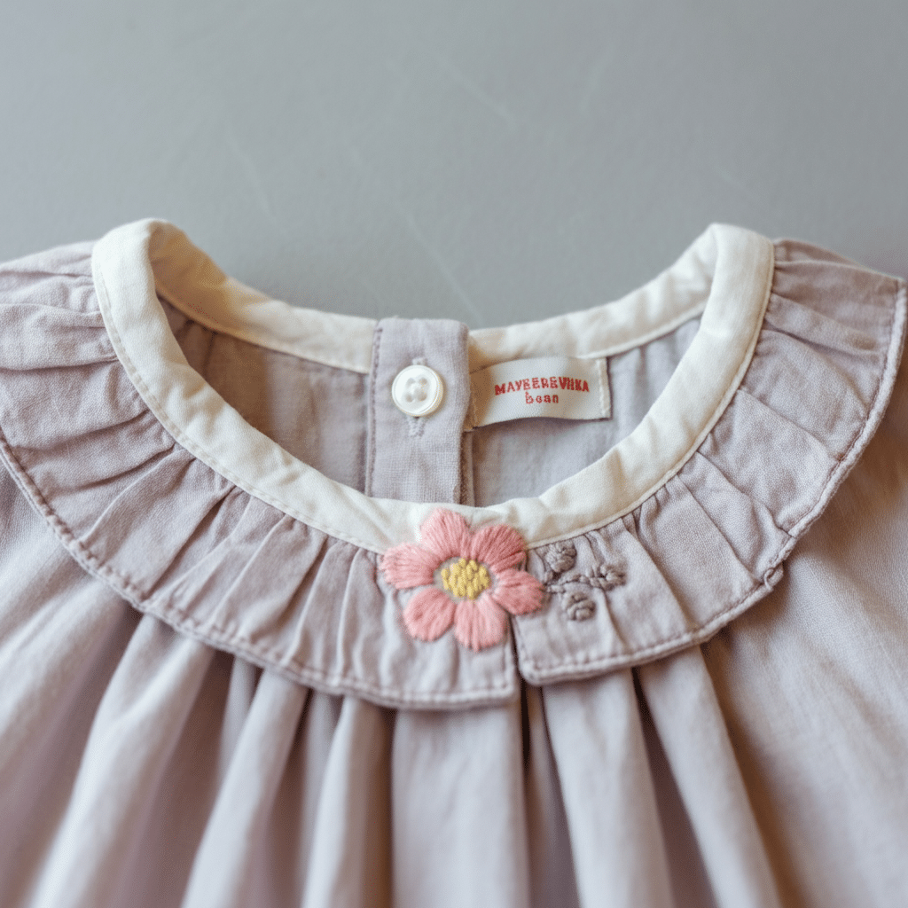 Sewing Details Close Up Photograph of a delicate baby dress in muted lavender with a ruffled collar and charming pink floral embroidery, highlighting comfort and gentle style.
