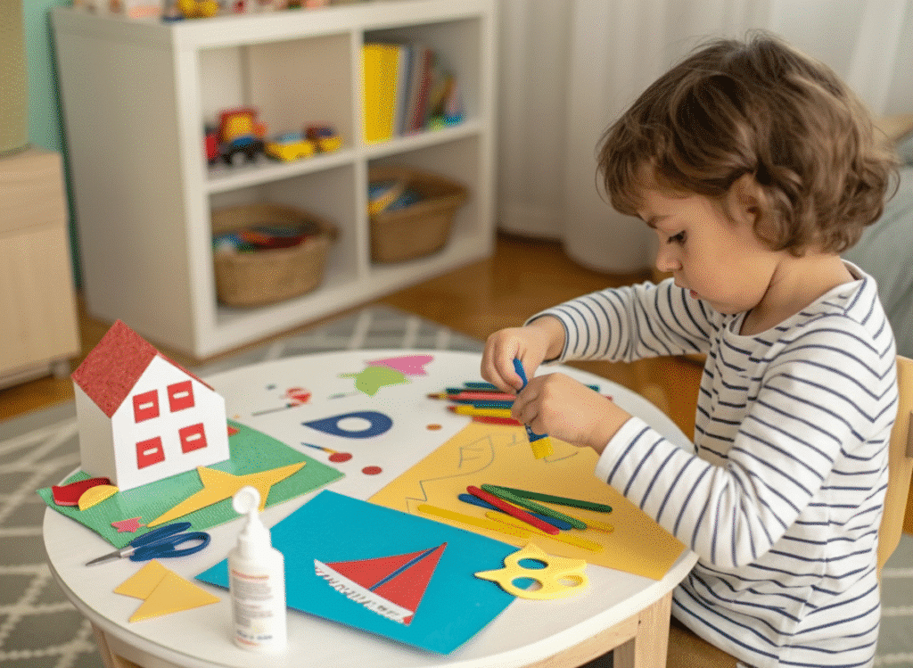 Simple Crafts A child creating simple craft projects using construction paper and craft sticks.