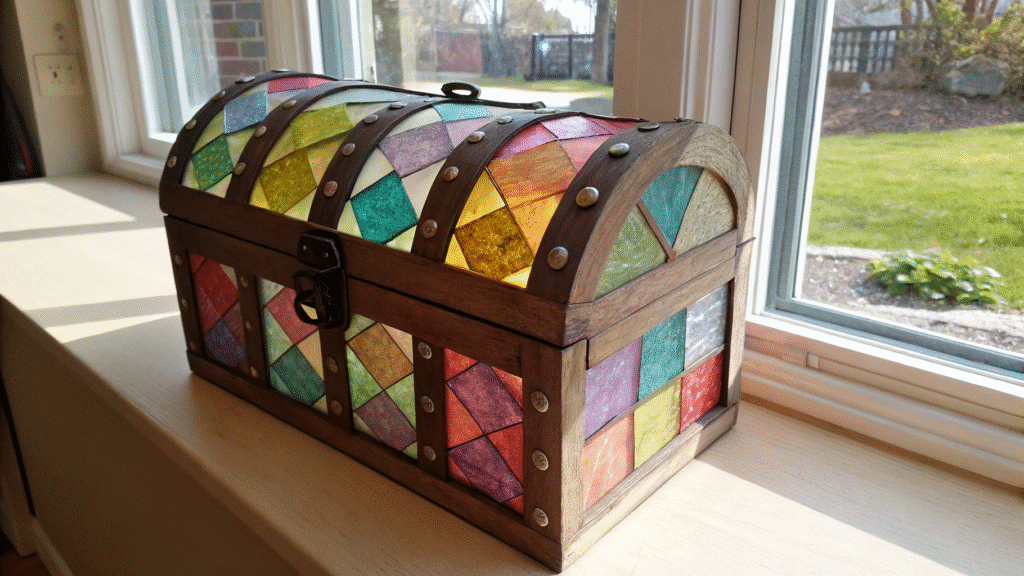 Stained Glass Treasure Chest Next To Window A stained glass treasure chest craft nbext to window.