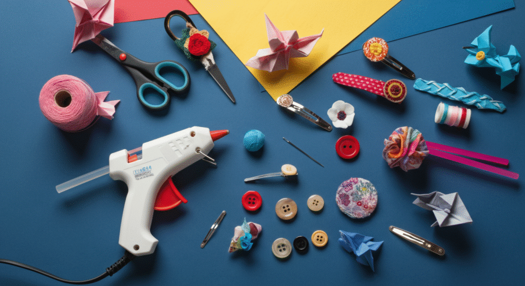 Supplies Needed Supplies needed for crafting pinwheel hair clips.