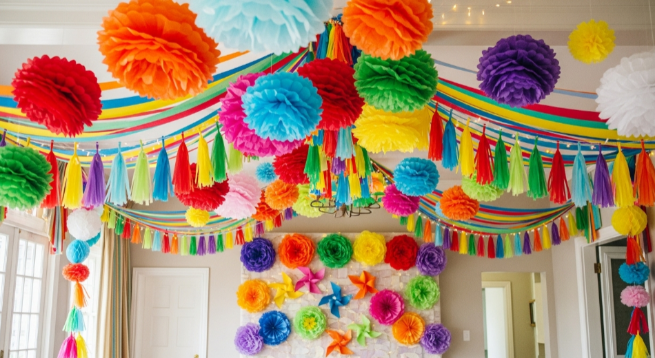 Tissue Paper Party Decorations A festive setting with tissue paper decorations, adding color and fun to the party atmosphere.