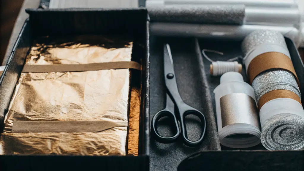 A variety of materials needed for a treasure chest craft.