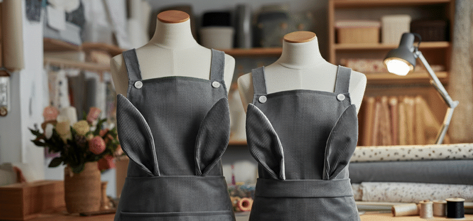 Photograph of two grey corduroy aprons with bunny ears on mannequins in a warm, organized craft studio, conveying creativity and whimsical charm.