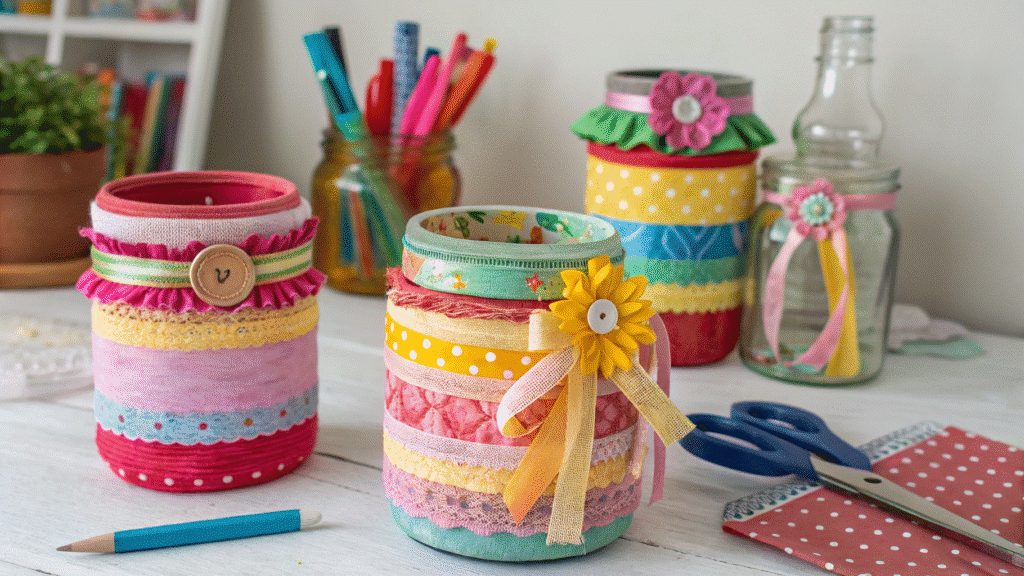 Upcycled Colorful Crafts Upcycled colorful crafts made from glass jars and fabric scraps.