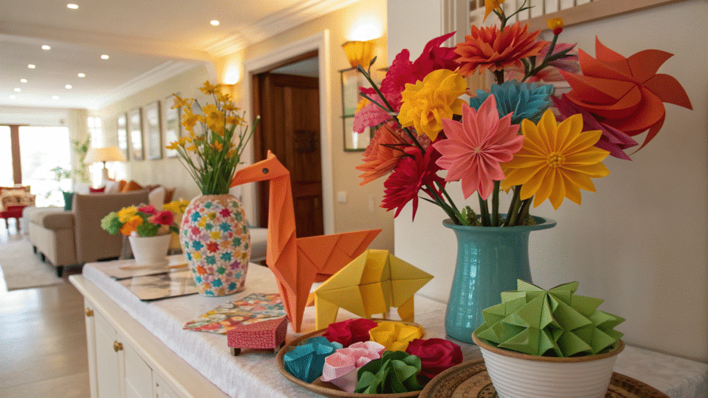 Vibrant Paper Crafts A vibrant display of colorful crafts including paper flowers and origami animals.