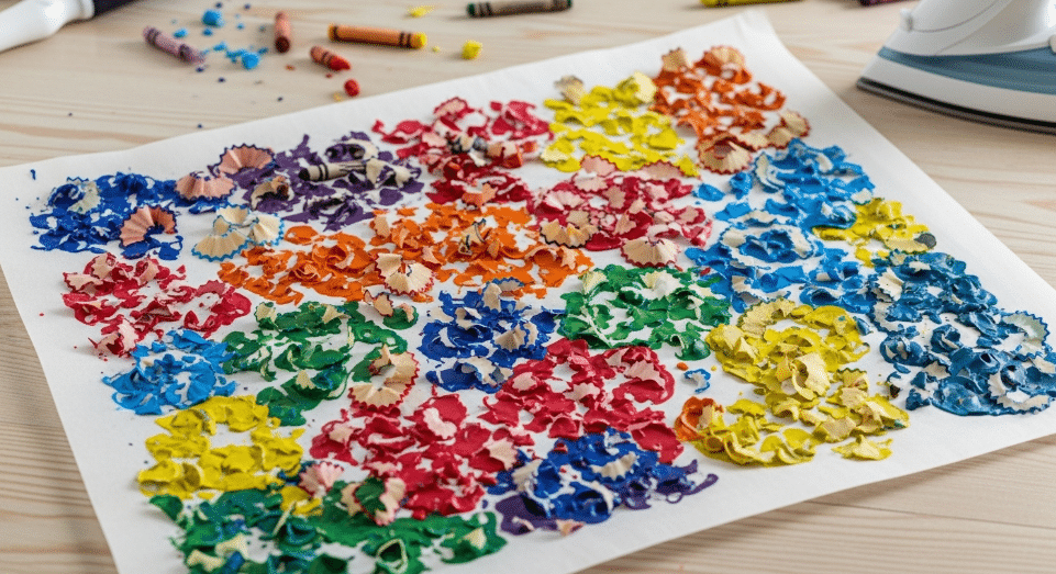 Wax Paper Crayon Shavings Collage A collage made from crayon shavings and wax paper, demonstrating a fun craft project.
