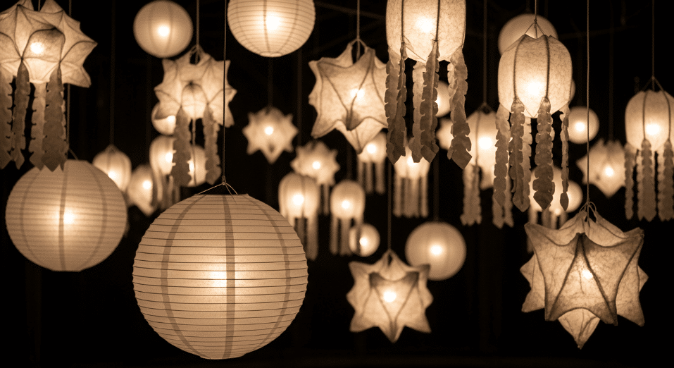 Wax Paper Lanterns A creative display of wax paper lanterns glowing softly in the dark.