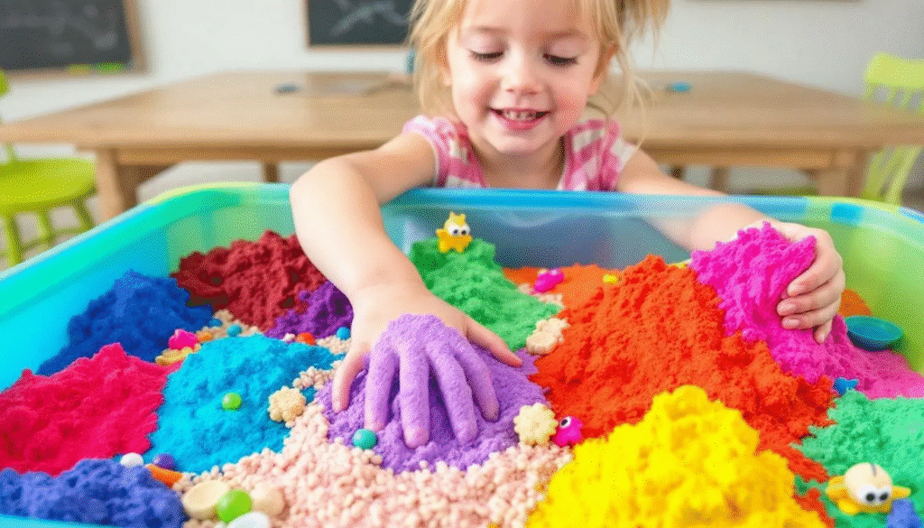 The image features a colorful sensory play setup with various containers filled with vibrant kinetic sand in different shades. Children are happily engaged in molding and shaping the sand, showcasing their creativity with cookie cutters and other tools, while exploring the soft and moldable texture of the sand.
