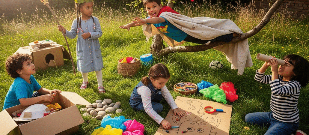 Kids using imagination in the outdoors.