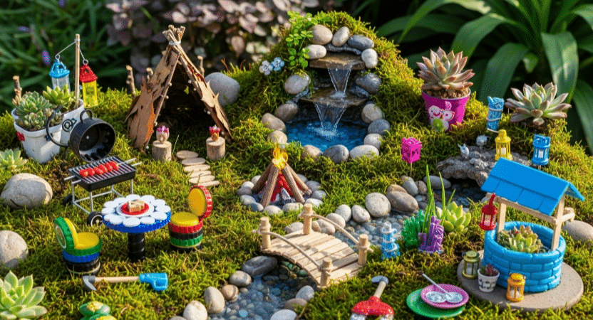 Adding Fairy Garden Accessories A whimsical fairy garden adorned with various accessories.