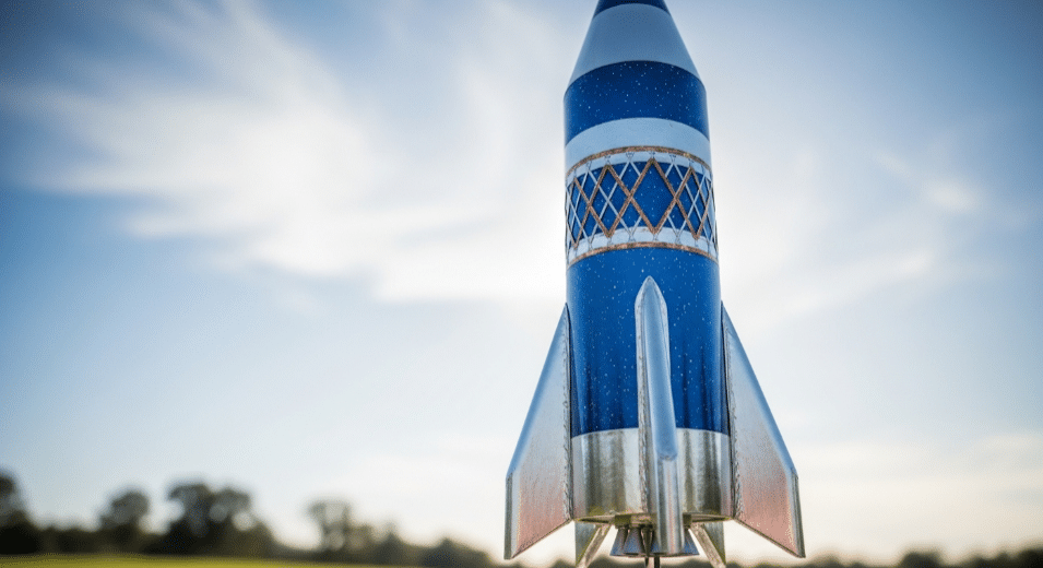 An advanced rocket ship project displayed in an outdoor setting.