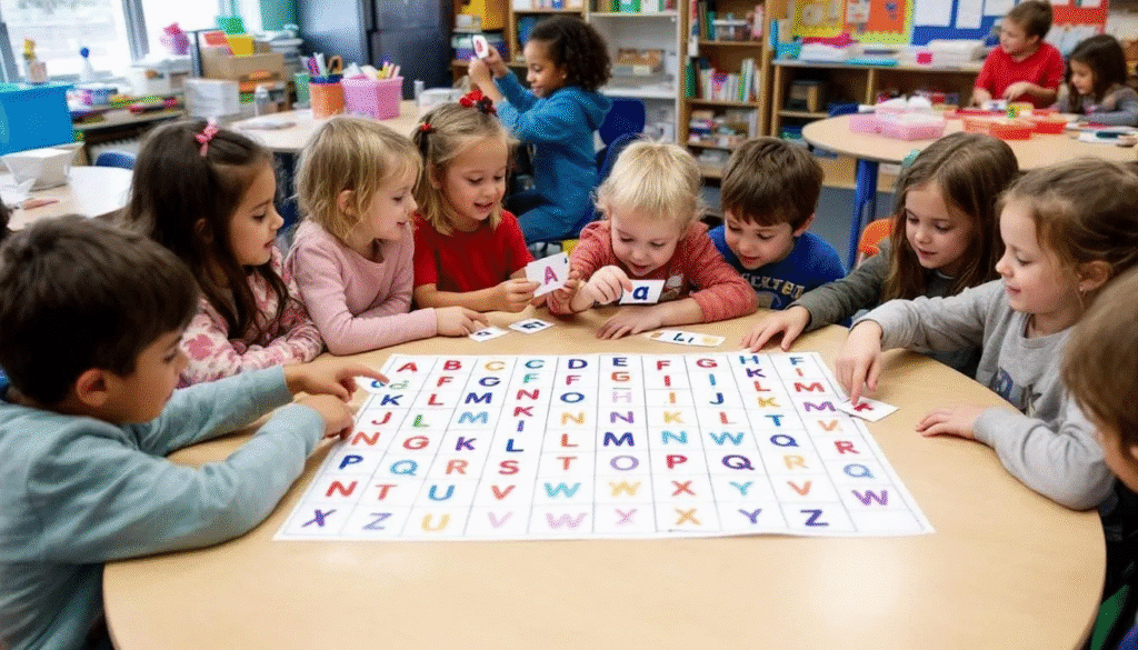 A group of five-year-old children are gathered around a colorful poster filled with letters in random order, matching uppercase and lowercase alphabet flashcards. This engaging activity promotes social interaction and verbal communication skills as they work together in small groups, enhancing their cognitive skills and problem-solving abilities.