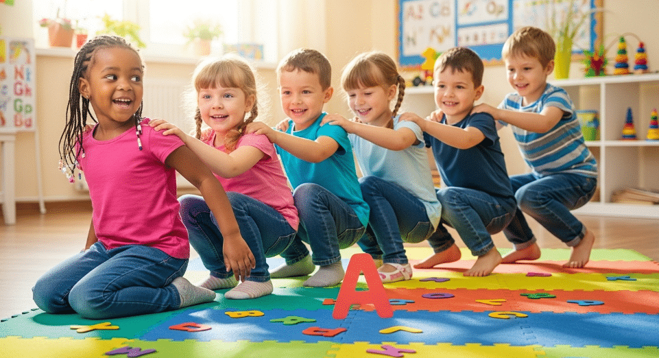 The image depicts a group of young kids sitting in a circle, holding onto each other’s shoulders to form a train, as they engage in the Alphabet Train game. They are joyfully performing various movements like hopping, while learning the first letters of their names and connecting letters with sounds in a fun and active way.