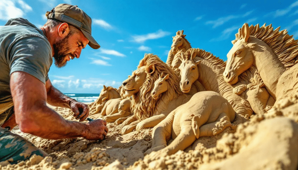 A sand sculptor is meticulously carving a detailed sand sculpture on a sandy beach, using various tools to shape the very wet sand into intricate designs. Spectators gather around, watching the creative process unfold as the artist adds layers and fine touches to bring the sculpture to life, conveying a captivating story through their work.