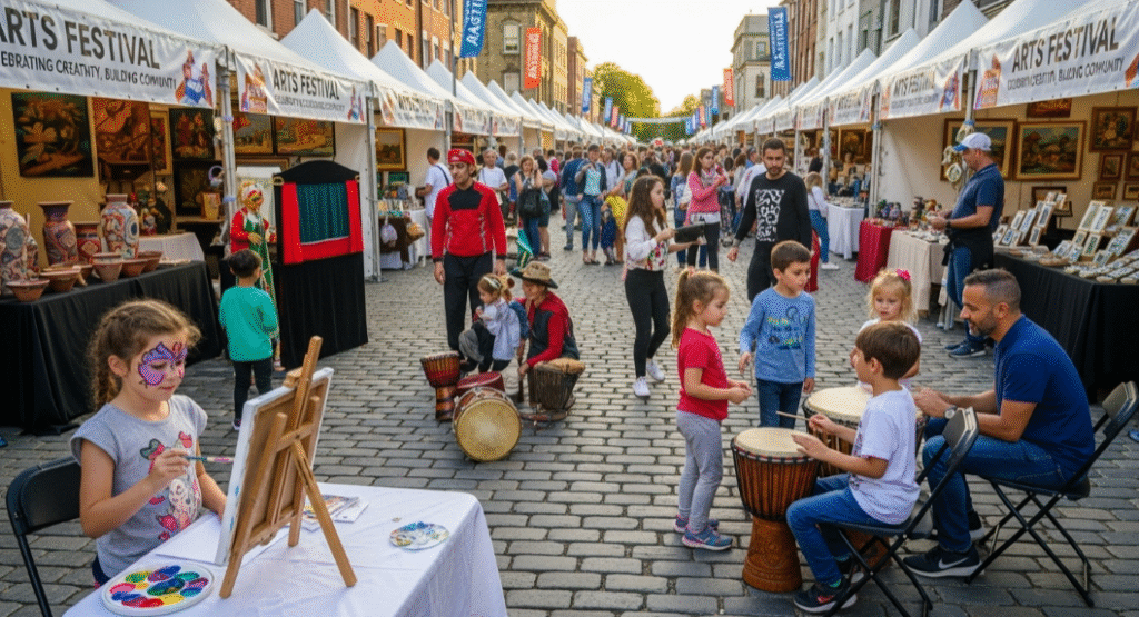 An engaging scene shows children participating in various cultural activities at a vibrant arts festival, surrounded by local artists and community members. This event highlights the connection between arts and economic development, showcasing how creativity fosters community development and enhances local prosperity.