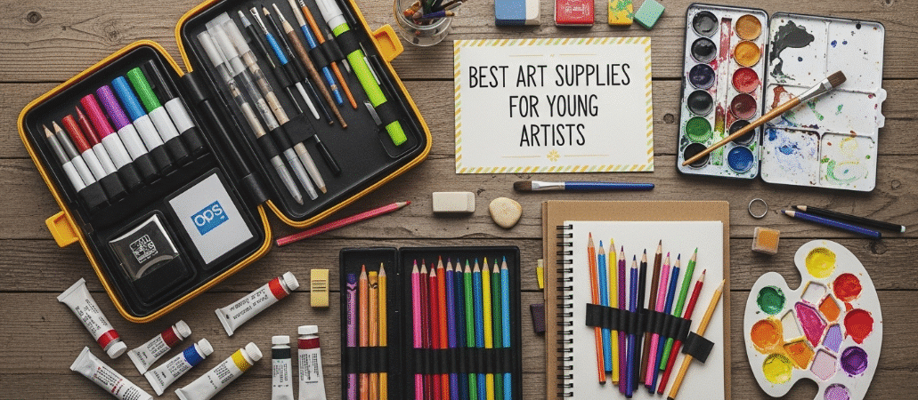 Art supplies on a table.