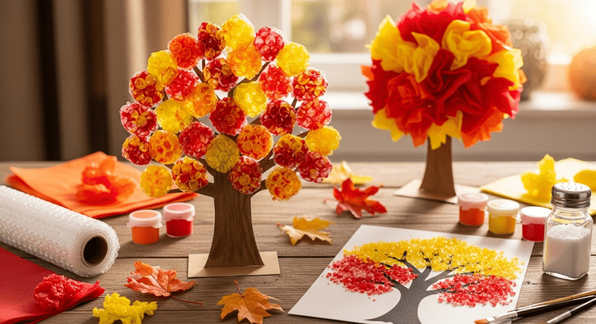 Autumn Tree Crafts A display of autumn tree crafts, featuring colorful leaves and creative designs.
