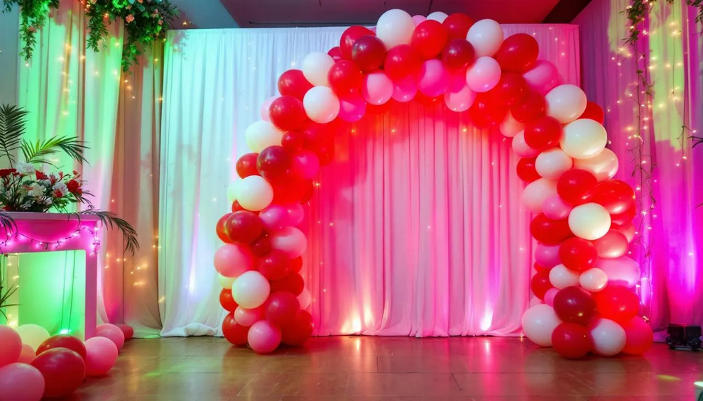 The image features a vibrant balloon arch, serving as a stunning centerpiece for a party, with a mix of red and white balloons creating a classic look. The arch is adorned with fairy lights and sheer curtains, enhancing its charm and making it a perfect backdrop for welcoming guests or highlighting a food table.