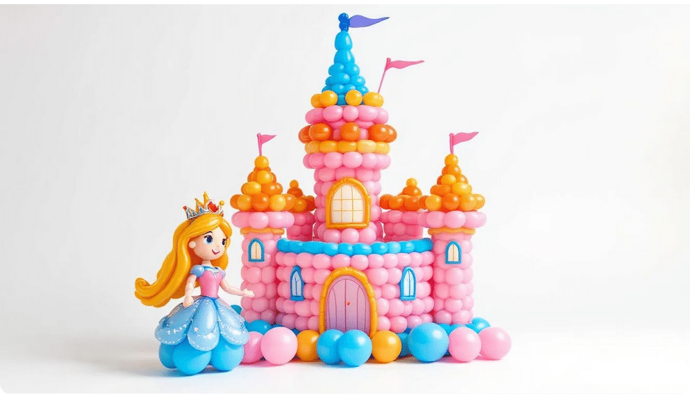 The image shows a colorful balloon castle tower, intricately designed with stacked and twisted balloons to resemble a fairytale castle, perfect for a princess party. Turrets made of special balloon shapes adorn the top, while a princess balloon adds a magical touch to the overall festive balloon decorations.