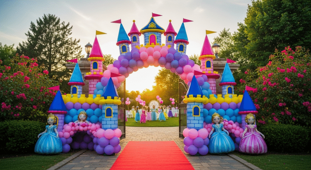The image features a vibrant balloon castle arch decorated with colorful princess balloons, perfect for a themed princess party. This stunning decoration creates a magical atmosphere, inviting guests to step into a fairytale experience, with the castle design enhancing the overall festive spirit.