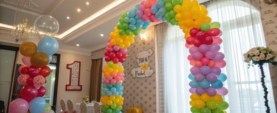 Rainbow arched balloons in a room.
