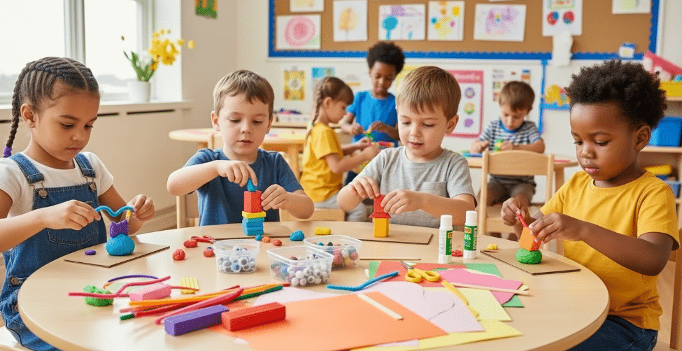 Children participating in hands-on 3D art activities.