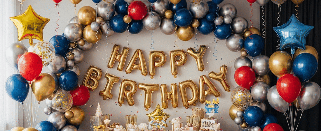 Birthday Decorations with Balloons Different color Birthday Decorations with Balloons in a room.