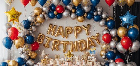 Birthday Decorations with Balloons Different color Birthday Decorations with Balloons in a room.