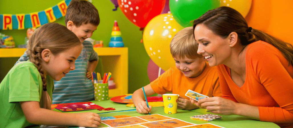 Children playing the Younger or Older birthday game at a colorful birthday party, surrounded by balloons and decorations, enjoying fun and learning together.