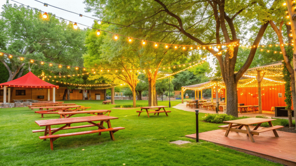 The image features a picturesque outdoor space ideal for hosting pop up parties, showcasing a vibrant park setting with ample room for picnic tables and guests. String lights are draped above, creating a festive atmosphere, while nearby trees provide shade, making it a perfect location for a memorable celebration.