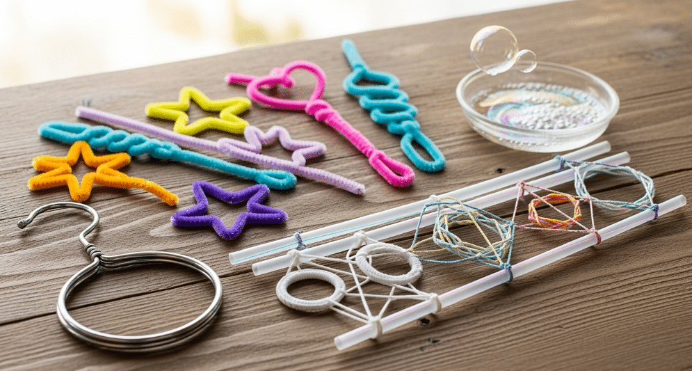 The image shows various DIY bubble wands made from pipe cleaners twisted into different shapes, alongside a coat hanger shaped into a loop. There are also examples of bubble wands using two straws and different types of strings, highlighting the fun and creativity in experimenting with materials to create big bubbles.