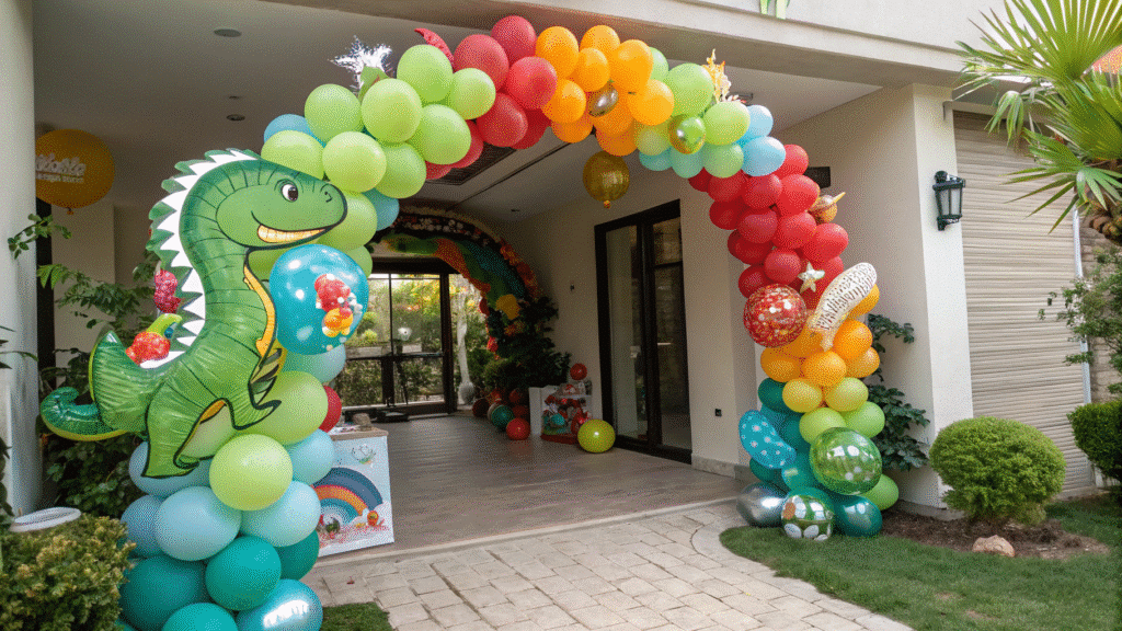 The image shows a colorful balloon arch designed for a dinosaur-themed birthday party, featuring a mix of vibrant balloons in various sizes and colors, with playful dinosaur foil balloons incorporated for added fun. This festive decoration creates an inviting entrance for kids' celebrations, highlighting the joy of a dinosaur party.