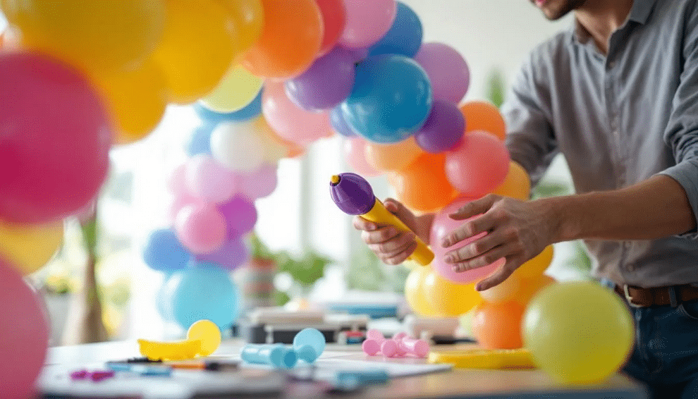 The image depicts a vibrant balloon arch in a variety of colors, showcasing a spiral design created by clusters of inflated balloons. The arch is meticulously constructed, with smaller balloons filling in gaps, adding texture and enhancing the overall festive appearance.