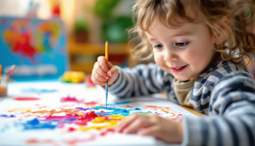 Child Painting An image depicting children engaged in various art activities, such as painting and clay modeling, showcases their development of fine motor skills through precise hand movements and control. This scene illustrates how creating art enhances hand-eye coordination, finger control, and overall physical development, while also promoting creativity and self-expression.
