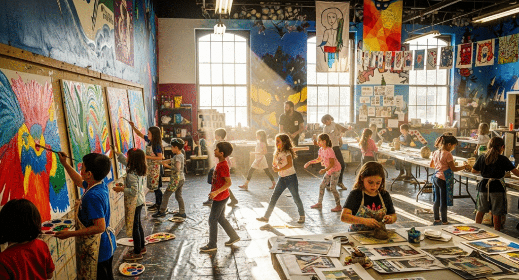 The image depicts children engaged in various artistic activities, such as painting and dancing, within a vibrant community space. These creative projects foster a sense of identity and belonging, highlighting the importance of arts in community development and social justice dialogues among young people.
