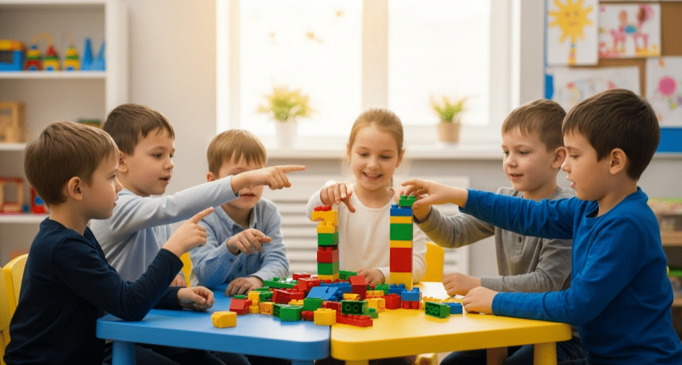 The image depicts a group of five-year-olds engaged in a building blocks challenge, divided into two equal teams at a small table. The children are collaborating to create various structures, enhancing their fine motor skills and communication skills while enjoying a fun and educational group activity.