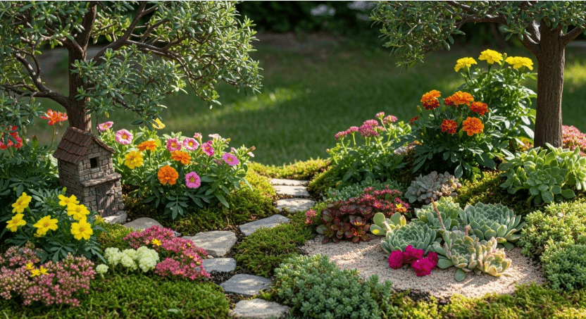 Choosing the Perfect Plants A beautiful arrangement of plants suitable for a fairy garden.