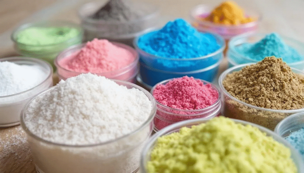 The image features a variety of sand options for sand art, showcasing white, colored, and textured sands. Each type is displayed in separate containers, highlighting their vibrant colors and textures, ideal for crafts and home decor projects.