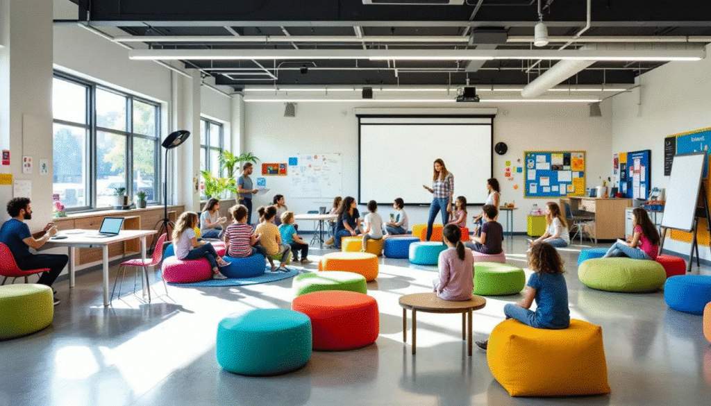 The image depicts a creatively arranged classroom setup featuring clusters of desks and chairs that encourage students to walk around and engage in group discussions. This visually appealing environment fosters collaboration and keeps students energized and focused throughout the day.