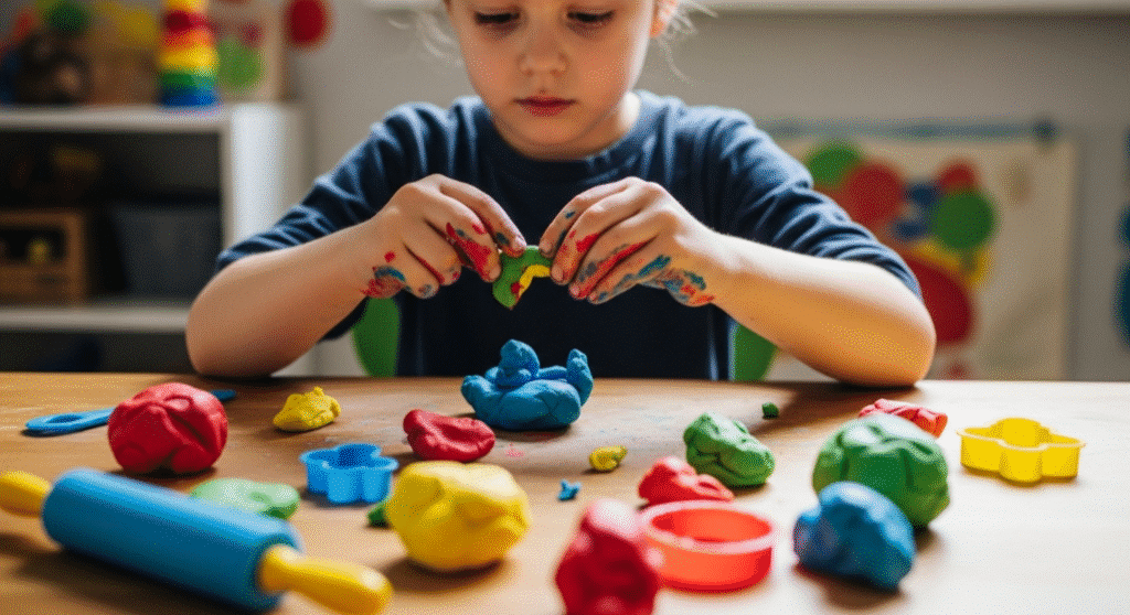 Clay Modeling A child is engaged in clay modeling, using their little hands to pinch and shape colorful clay into small sculptures, enhancing their fine motor skills and hand-eye coordination. This fun activity promotes creativity and self-expression while developing precise hand movements and finger control.