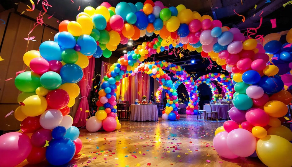 The image features a vibrant spiral balloon arch made from an array of colorful balloons, creating a festive atmosphere for an event. This eye-catching decoration showcases a mix of bold and soft colors, perfect for adding fun and excitement to any celebration.