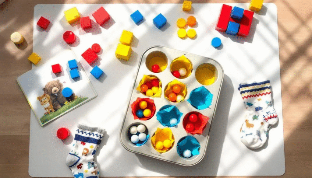 Colorful Balls A toddler is engaged in a fun activity that involves sorting colorful balls and blocks by their shapes and sizes, which helps develop fine motor skills and problem-solving abilities. Nearby, a muffin tin filled with small pom poms showcases a creative color sorting game, emphasizing sensory exploration and interactive play for young children.