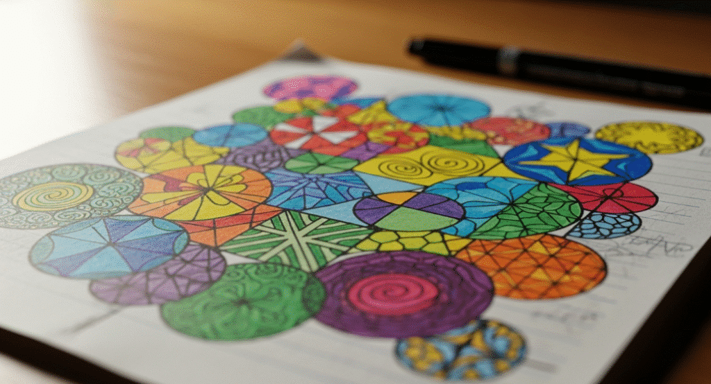 The image depicts a collection of colorful doodles on a piece of scrap paper, showcasing various geometric shapes and abstract art patterns. This fun and relaxing activity encourages creativity and is perfect for anyone feeling bored, as it requires no specific skill level and can be done with just a pencil or pen.